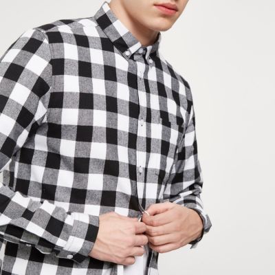 Black and white casual check flannel shirt